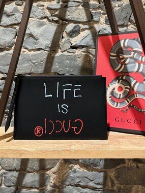 Gucci "Life is Gucci" Printed Black Leather Pouch